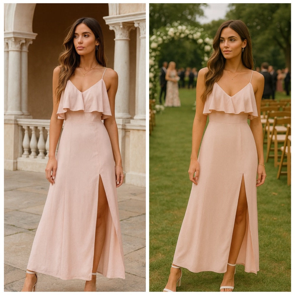 LPA Blush Pink Maxi Dress with Ruffle Bodice and Front Slit